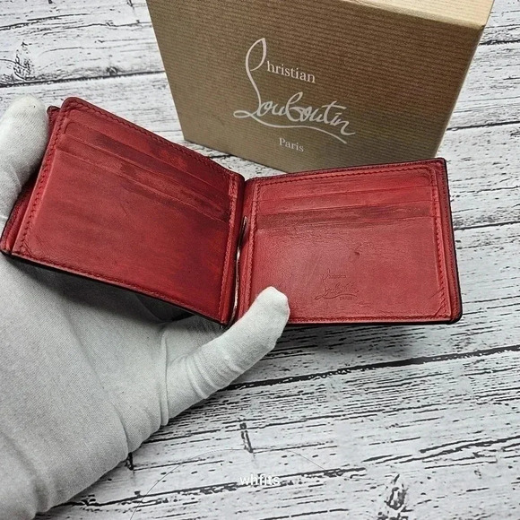 Christian Louboutin Bifold Money Clip Wallet Blue White Leather Studs with Box - Picture 6 of 8
